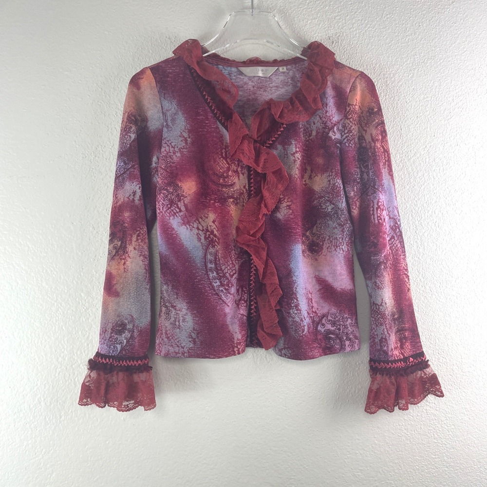 Vintage Y2K Whimsigoth Ruffle Front Knit Top Grunge Fairy Sz 13 XS/S Indie Bohoo